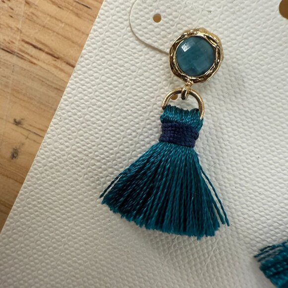 Panacea Teal Tassel Drop Earrings With Gold Accents - Picture 7 of 9